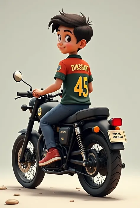 A handsome cute boy sitting on the black royal infield and wear a Indian cricket team jersey  no 45 and jusrsey name is dikshant