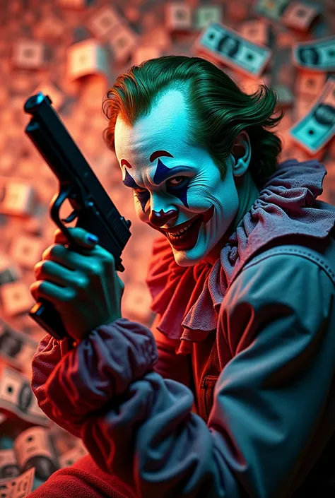 A profile picture with a background full of money with a clown character tagged holding a gun