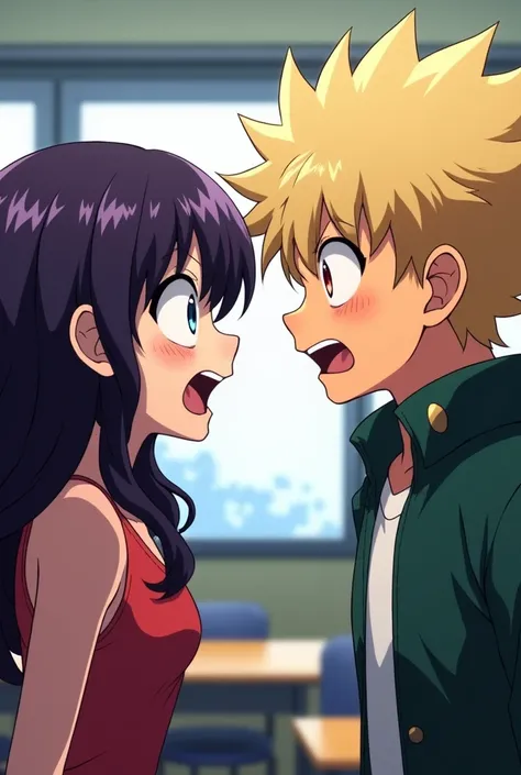 (anime) creates an 1 teenager, My Hero Academia student. His eyes are a light blue color with an elongated shape., glare. Her hair is long and wavy, Deep purple and a French fringe. Next to the girl is Bakugou Katsuki, He is a blond boy with spiky hair and...