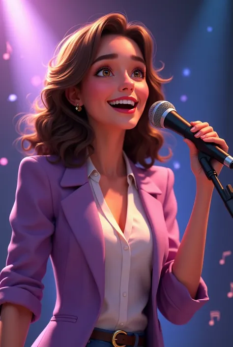 Woman with wavy brown hair , lilac blazer , white blouse, happy face , singing with microphone, Pixar-style