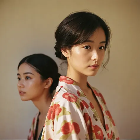 A hyper-realistic image of a single Japanese woman in her early 20s, captured from the shoulders up with the nostalgic warmth and subtle graininess of a film camera. She is wearing a traditional yukata with a vibrant, cute design featuring bold and colorfu...