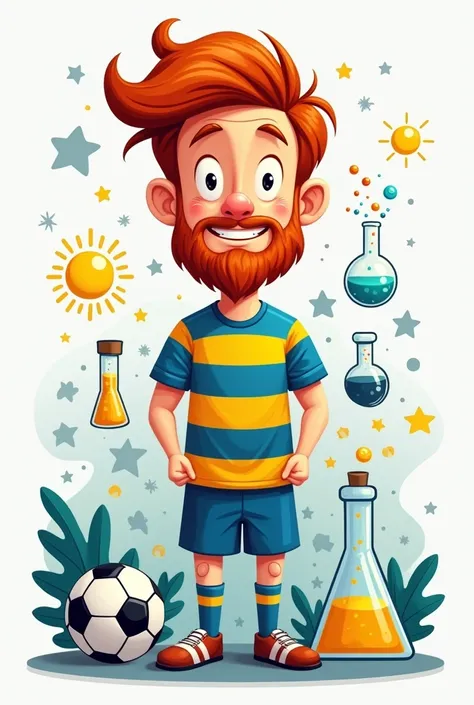 Create a cartoon red-haired young man with a beard wearing a football shirt with 3 horizontal stripes, blue and yellow, include soccer, science and laboratory elements. I need it to be able to use it on a card. I would like it to be backgroundless..