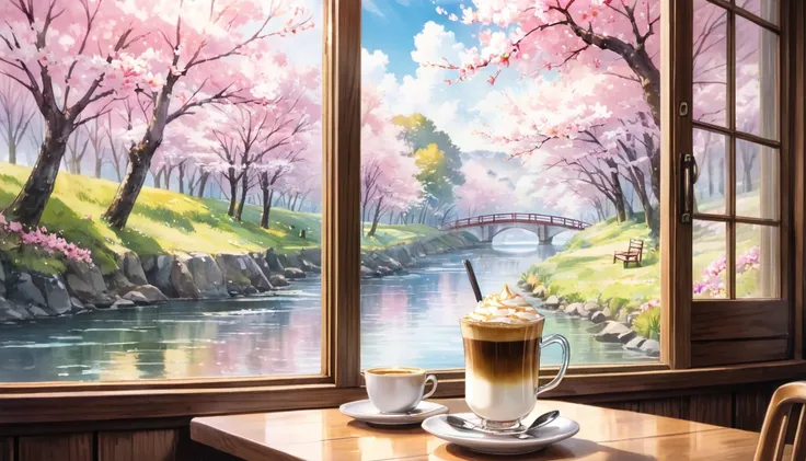 in a coffee shop, outside you can see a pink cherry blossom forest, a river, a watercolor painting, ghibli, zoom in on a cup of ...