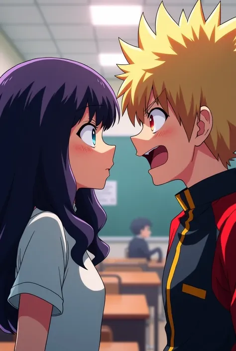 (Anime Boku no Hero Academia) creates an 1 teenager, My Hero Academia student. His eyes are a light blue color with an elongated shape., glare. Her hair is long and wavy, Deep purple and a French fringe. Next to the girl is Bakugou Katsuki, He is a blond b...