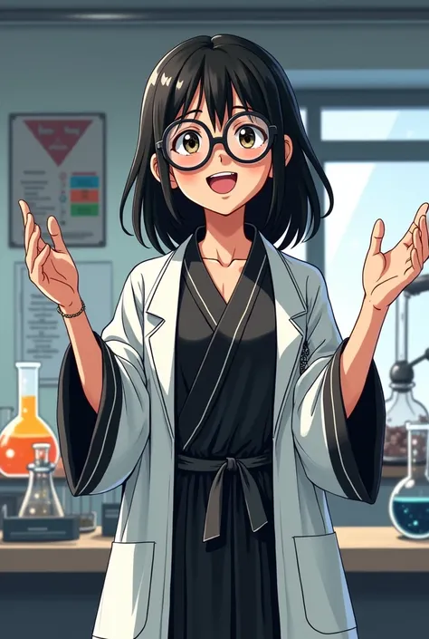 A smiling girl with glasses, a skinny, straight-haired Latina, explaining an experiment in a black and white anime movie-style robe 