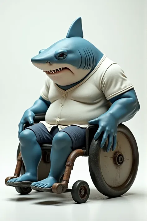 Make a sad buff shark in a white shirt in a wheelchair