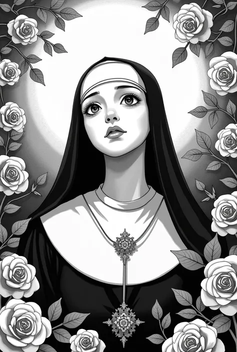 Create a cartoon illustration of Saint Rose of Lima, where the love of Saint Rose of Lima and her values are reflected, besides, She must be with roses on her head, habit and the image must have a heavenly or spiritual landscape, It could be a black and wh...