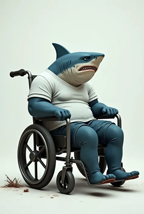 Make a sad buff shark in a white shirt in a wheelchair