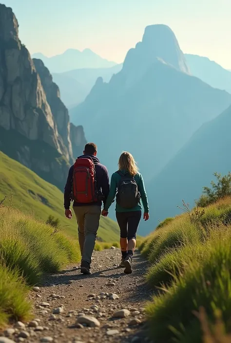 make mountain shoe advertisement, couple walking towards the horizon, green landscape, green mountains, rocky, urban horizon view, realistic image