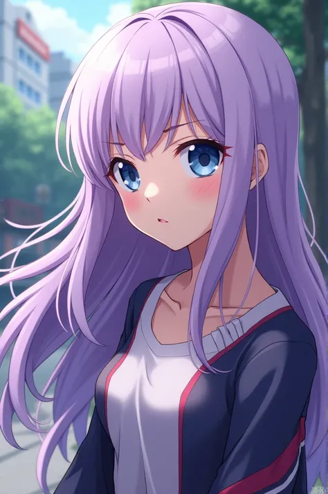 long, light purple hair, blue eyes, Height 1.63 Slim build with medium bust, Boku no hero academy