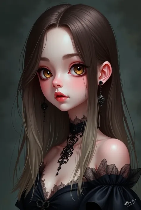 A gothic pfp caricature, with an anime touch, of a girl with brown eyes and straight shoulder-length hair, The hair must have a gradient, Considering that the roots are brown and the tips are ash blonde.