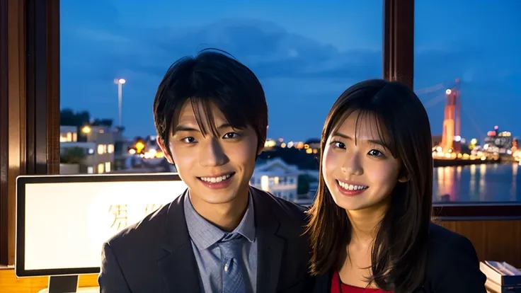 Smiling Hina Kikuchi、Taking a photo with a boy with a center part, office, Night view