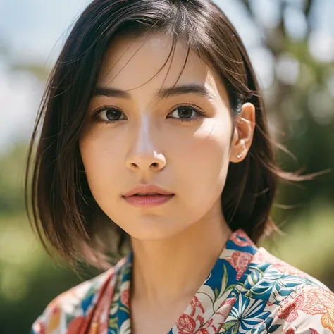 a hyper-realistic image of a single japanese woman in her early 20s, captured from the shoulders up with the nostalgic warmth an...