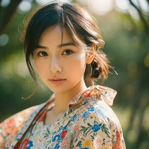 A hyper-realistic image of a single Japanese woman in her early 20s, captured from the shoulders up with the nostalgic warmth and subtle graininess of a film camera. She is wearing a traditional yukata with a vibrant, cute design featuring bold and colorfu...