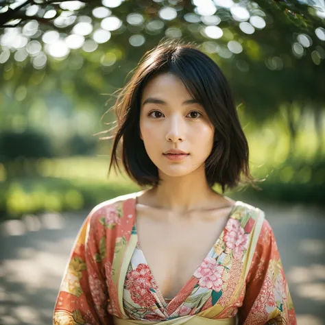 A hyper-realistic image of a single Japanese woman in her early 20s, captured from the shoulders up with the nostalgic warmth and subtle graininess of a film camera. She is wearing a traditional yukata with a vibrant, cute design featuring bold and colorfu...