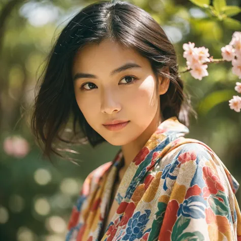 A hyper-realistic image of a single Japanese woman in her early 20s, captured from the shoulders up with the nostalgic warmth and subtle graininess of a film camera. She is wearing a traditional yukata with a vibrant, cute design featuring bold and colorfu...