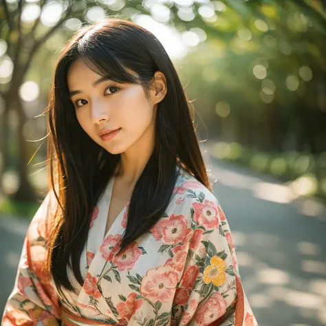 A hyper-realistic image of a single Japanese woman in her early 20s, captured from the shoulders up with the nostalgic warmth and subtle graininess of a film camera. She is wearing a traditional yukata with a vibrant, cute design featuring bold and colorfu...