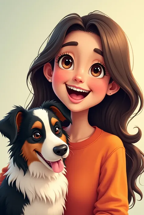 Image of a 40 year old woman, white, chubby cheeks dimples on cheeks, big lips, dark brown hair, long hair parted in the middle, with a cartoon sweatshirt accompanied by a border collie dog