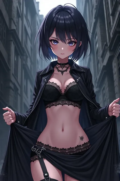 Anime Goth girl lifting her skirt, shiwing her panties
