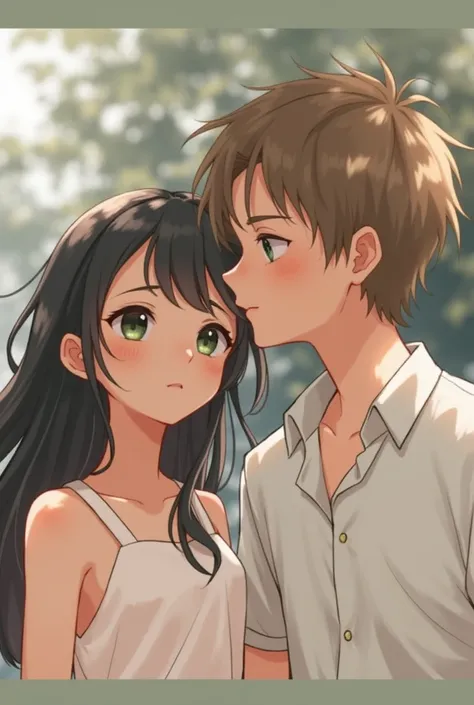 Dark-haired girl next to a boy with brown hair and green eyes