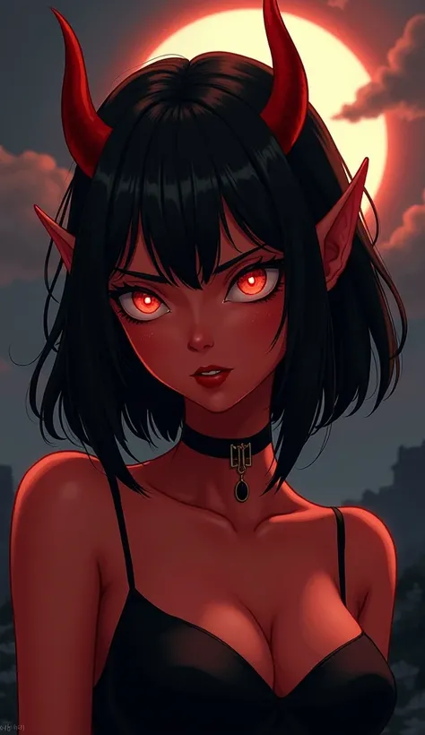 devil girl, short body, black hair, orange eyes, eyes glowing, red skin, horns, choker, serious face, semi-realistic style, outliner, hell background, dark sky background, moon light, face close up