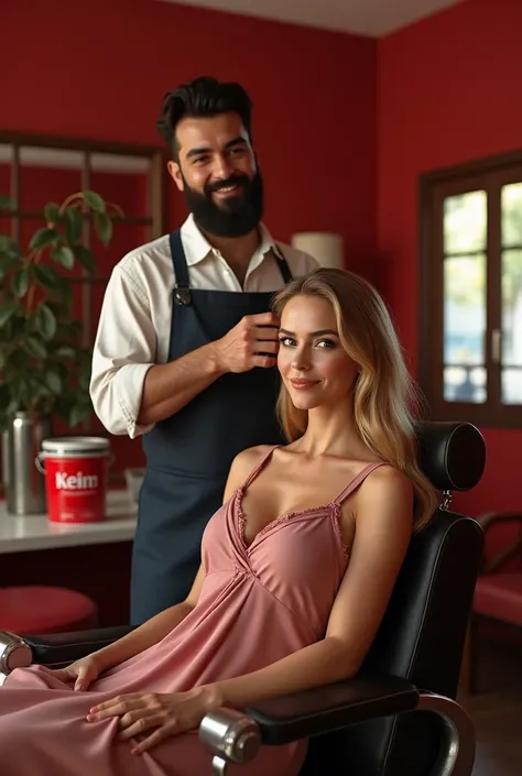 Beautiful australian woman with blond hair and tanned skin sitting in a barber, barbershop is named “KEIM”, the interior is red and luxury, barber is a tall persian man with beard and smiling, red bucket of paint on thr table with the lable “keim paint”