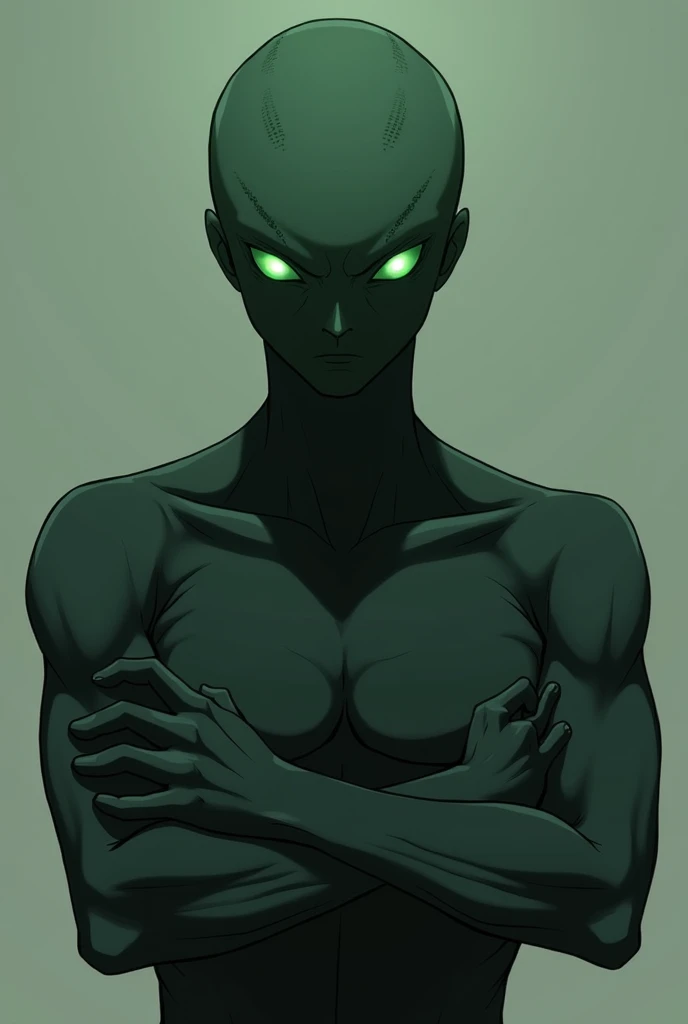 Create an anime style image of a 3 meter dark colored humanoid creature, completely green eye color with bright white pupils in the center, not so muscular, with arms crossed 