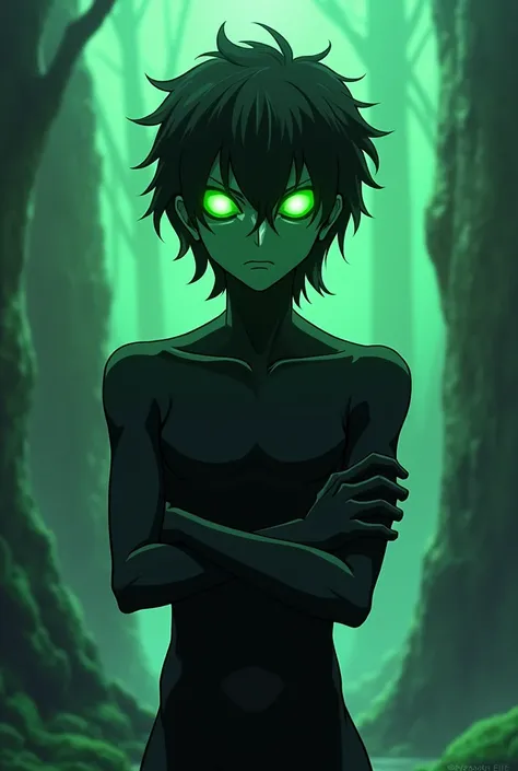 Create an anime style image of a 3 meter dark colored humanoid creature, completely green eye color with bright white pupils in the center, not so muscular, with arms crossed, with hair, in an otherworldly landscape and a serious look 