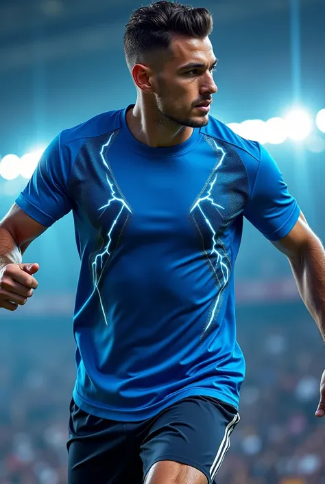 BLUE FOOTBALL T-SHIRT WITH BLACK RAYS AND LIGHTNING