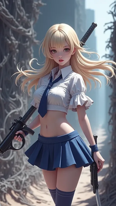 blond woman in a blue dress holding a sword and a gun,vestuario samurái colegiala japonesa, (mini skirt plizada :1.4),(Babydoll Sucker Punch) ,(corbata colegiala :1.4) ) ,mostrando vientre plano, ciri from the witcher, elisha cuthbert as a rpg warrior, cir...