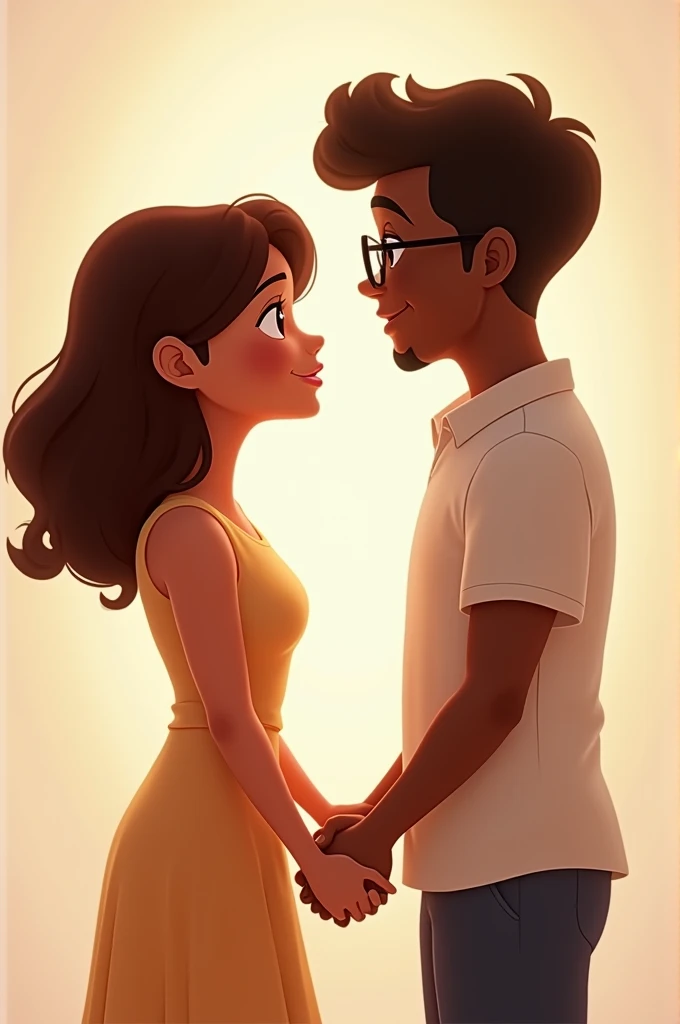 Make an animated cartoon image of a couple holding hands where the woman is a little shorter than the man. (The woman should have slightly wavy brown hair.) and the man must have short brown hair and wear glasses and be dark-skinned (They are both dark-ski...