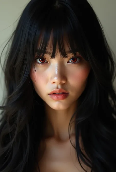 ultra realistic photograph: realperson: BEAUTIFUL WOMAN WITH LONG BLACK HAIR,bangss, Eyes red, very long hair, 