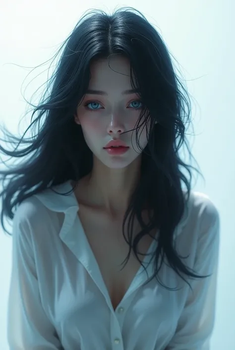 Woman, blue colored eyes, Bblack hair, Grieving, white, realistica, High definition