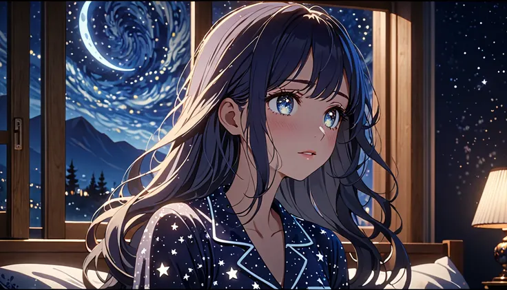 a girl in a bedroom, looking out the window at the starry night sky, elegant detailed face, detailed eyes, detailed lips, long eyelashes, beautiful detailed skin, flowing hair, delicate facial features, wearing pajamas, serene expression, atmospheric starr...