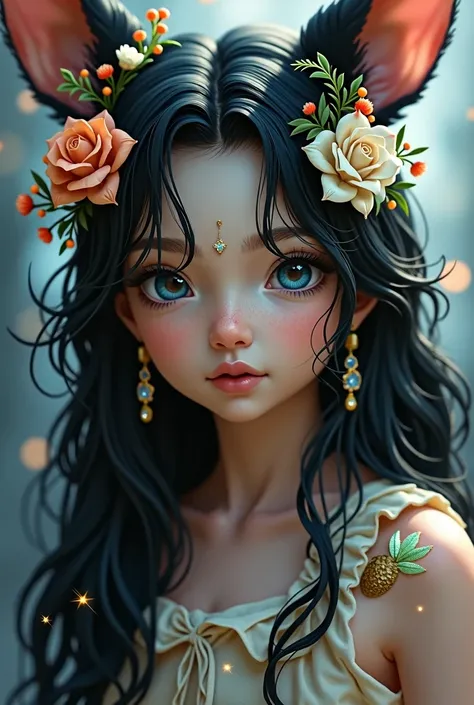 One girl, High resolution, Long Hair, gauze, smile, Open your mouth, Black Hair, Blue eyes, Animal ears, Twin tails, Earrings, Hair Flower, Dutch Angle, Sparkle Effect, masterpiece, highest quality, detail, High-resolution model, quality, Very detailed, Do...