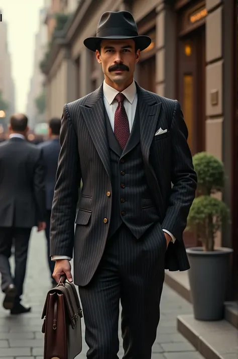 Make me a picture of a man with a mustache and a hat and a suit