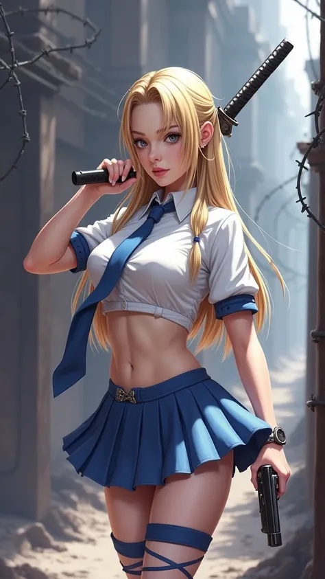 blond woman in a blue dress holding a sword and a gun,vestuario samurái colegiala japonesa, (mini skirt plizada :1.4),(Babydoll Sucker Punch) ,(corbata colegiala :1.4) ) ,mostrando vientre plano, ciri from the witcher, elisha cuthbert as a rpg warrior, cir...