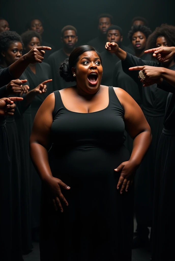 A black woman in a play on stage chubby big ring over her with her l hair in a low bun  in a black  dress acting shocked while 5 black people in black clothes on stage point at her with their mouth covered while the  audience is around them with the captio...