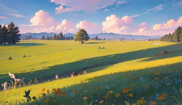 The grassland stretches as far as the eye can see. , On both sides are wooden fences. , There are many big and small trees along the roadside. , Far away, there are not many houses, and there are only a few cows eating grass.