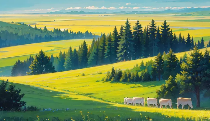 The grassland stretches as far as the eye can see. , On both sides are wooden fences. , There are many big and small trees along the roadside. , Far away, there are not many houses, and there are only a few cows eating grass.