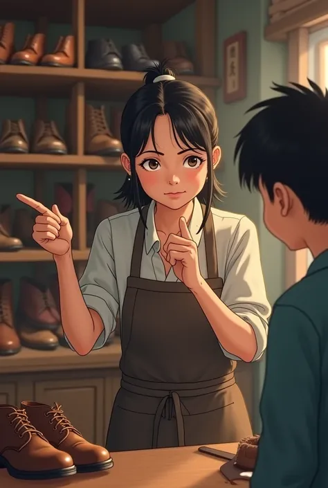 shoemaker　Korean　Female store clerk　To make a sarcastic remark　Frowning　Angry at the boy　Pointing at someone and getting angry