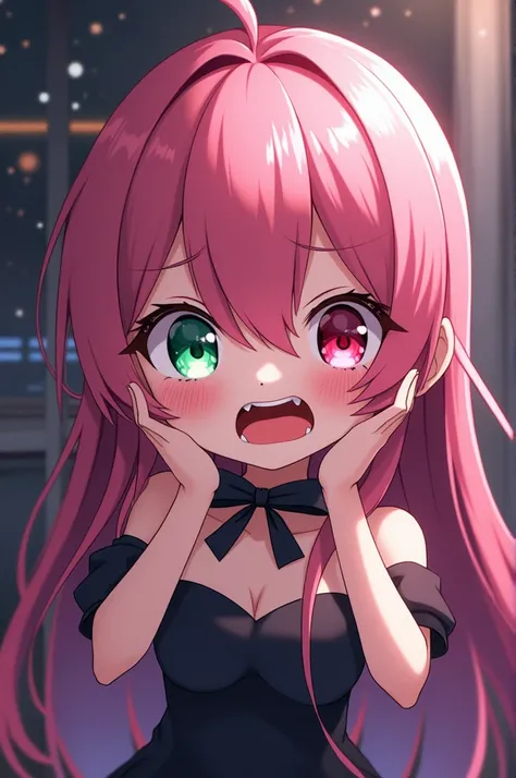 masterpiece,anime style,illustrated logo,medium shot,chibi,Kawai,twitch emote,long haired girl,hair color is fuchsia,hair covers her right eye,eyes have heterochromia,left eye is green,right eye is red,posing,teenager,wearing elegant clothes or elegant dre...