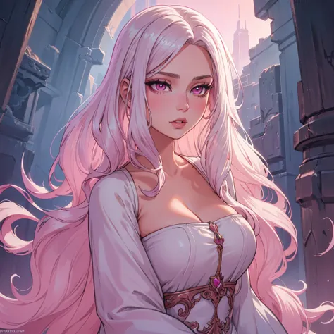 1 beautiful woman with long wavy white hair, pink eyes, glossy lips, detailed face, intricate hairstyle, elegant expression, delicate features, ethereal beauty, serene atmosphere, soft lighting, pastel colors, cinematic composition, high quality digital ar...