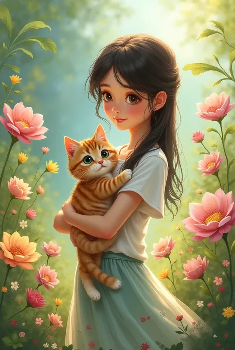 A  girl stand with a cat in her hand and There are many flowers in the background 