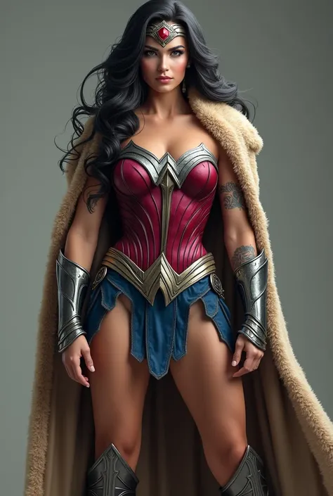 (((Fuchsia Corset))),(((De primerísimo primer plano una hermosa mujer wonder woman Vikingo))) (((Fitness build with muscles in his arms and legs))),(((Wearing a red corset))),(((Emblema wonder woman gigante color plata en su busto))),(((Large long metal br...