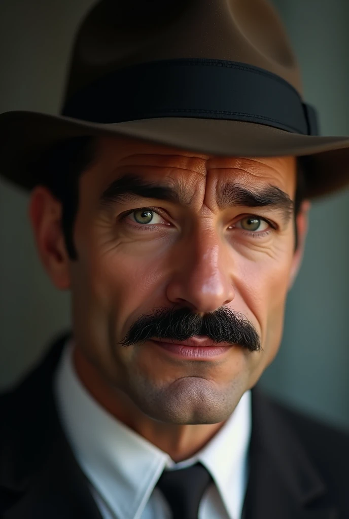 Make me a picture of a man with a mustache and a hat and a suit with only his face visible.