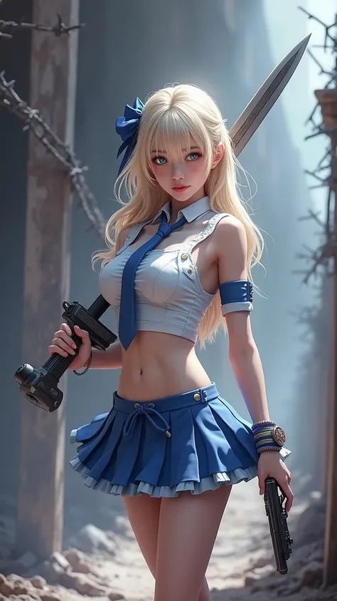 blond woman in a blue dress holding a sword and a gun,vestuario samurái colegiala japonesa, (mini skirt plizada :1.4),(Babydoll Sucker Punch) ,(corbata colegiala :1.4) ) ,mostrando vientre plano, ciri from the witcher, elisha cuthbert as a rpg warrior, cir...