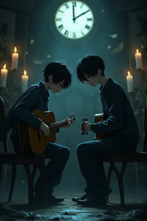 Creepy male anime boy playing piano with a creepy male anime boy playing violin. Dark, scary.