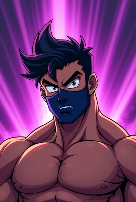 PURPLE BACKGROUND WITH RAYS, CARTOON MAN CHARACTER WITH DARK BROWN HAIR AND MUSCLES, DARK BROWN EYES WITH WHITE SKIN COLOR, WITH A MASK ON YOUR MOUTH


