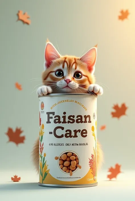 Create a can of food with a cat coming out, that says Faisán-care and also the slogan “No allergies” appears, only Meow-ravillas”, Everything in Spanish